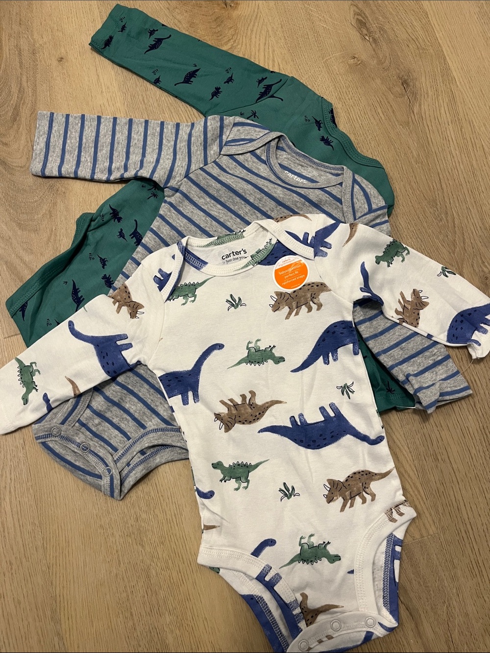 Carter's 3-Pack Long-Sleeve Dinosaur Bodysuits - White, Blue & Green